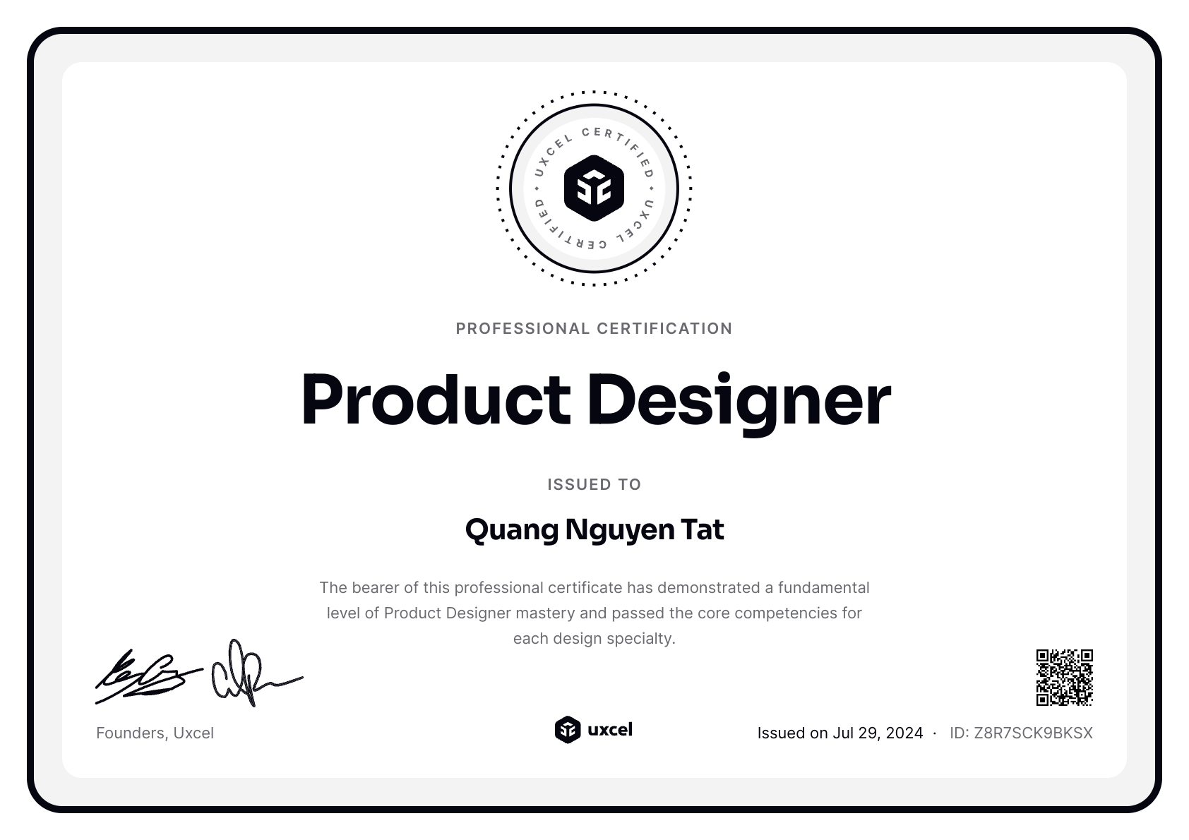 Quang Nguyen Tat's certificate